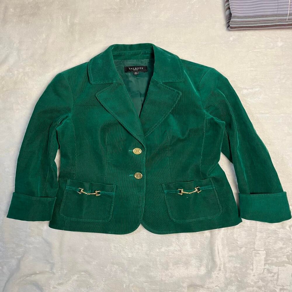 Talbots Blazer Size 2P Green Corduroy Gold Accents Equestrian Office Academia
